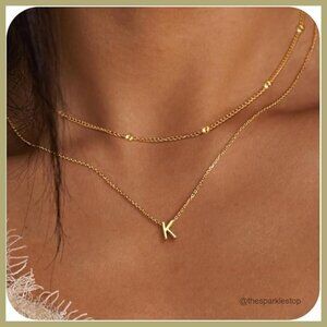14K Gold Plated Initial Necklace Set with Satellite Chain Adjustable Length